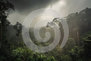 smoky jungle on stormy day, with heavy rain and lightning filling the sky