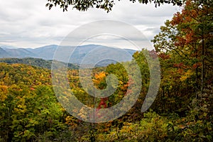 Smoky mountain valley with colorful fall foliage