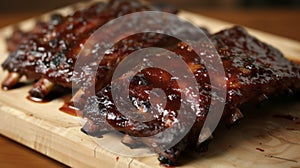 The smoky scent of slowcooked ribs dripping in a savory and sticky barbecue sauce photo