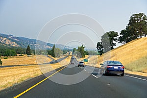 Smoky skies while driving on highway 101, California