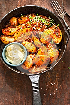 Smoky spiced new potatoes with garlic aioli mayonnaise dip