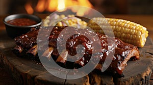 Smoky tender ribs slathered in a sticky fingerlicking BBQ sauce served with a side of ery corn on the cob and creamy mac photo
