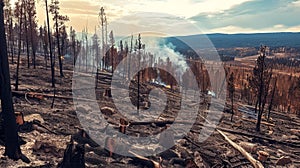 Smoldering Aftermath of Wildfire in Forest Landscape
