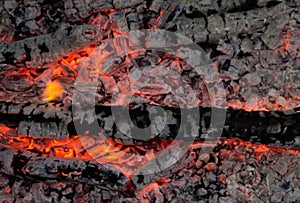 Smoldering embers of fire, live coals, burning charcoal in the background texture, closeup, glowing coal