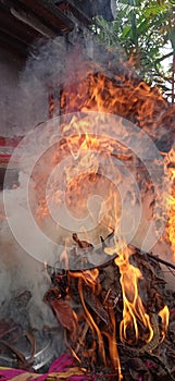 smoldering fire, smoke, dry leaves, bright red,