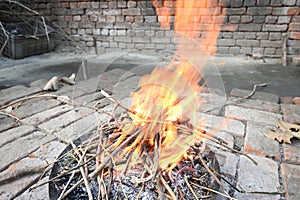 Smoldering wood fire. photo
