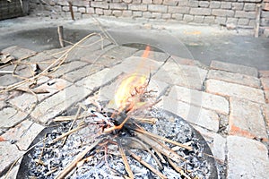 Smoldering wood fire. photo