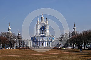 Smolniy Cathedral in bright sunny day in Saint-Petersburg