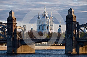Smolny cathedral and Bolsheokhtinsky Bridge in Saint-Petersburg
