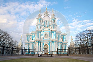 Smolny Cathedral close up in the cloudy May afternoon. Saint Petersburg, Russia
