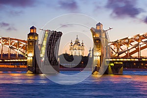 Smolny Cathedral in the cross section of the divorced Peter the Great Bridge, Saint-Petersburg