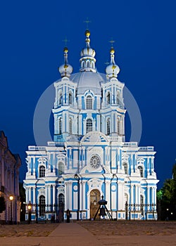 Smolny Cathedral at night, Saint Petersburg, Russia