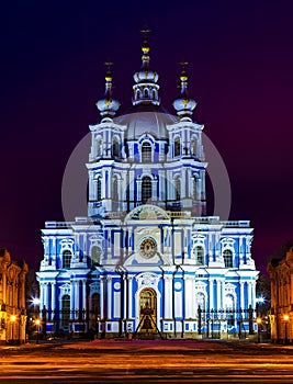 Smolny Cathedral at winter night, dark blue sky, St. Petersburg, Russia