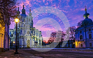 Smolny Convent with Smolny Cathedral at sunset in Saint Petersburg