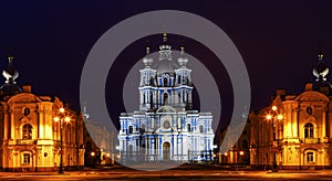 Smolny of the resurrection of Christ Cathedral in St. Petersburg during whinter nights, Russia