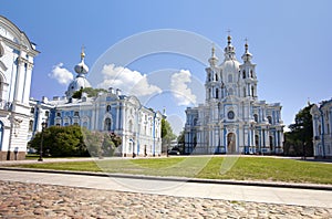 Smolnyi cathedral (Smolny Convent), St. Petersburg, through the square of Proletarian dictatorship. Russia