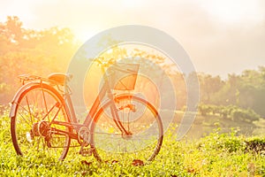 Smooth and beautiful scenery with a bike as the sun rises over the horizon. Vintage style light effect The gentle focus of the bic