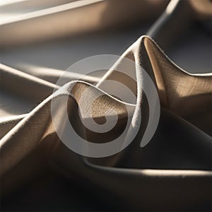 A smooth, beige fabric is elegantly draped, creating soft folds and shadows. The