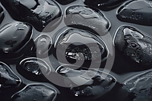 Smooth black river stones on wet reflective surface