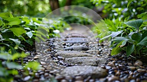 The smooth cool surface of the stones underfoot contrasts with the vibrant greenery that lines the path creating a photo