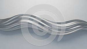 Smooth flowing liquid silver metal wave abstract shape against a clean light grey background