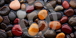 The smooth, glossy texture of a river rock, with waterworn pebbles polished to a high sh