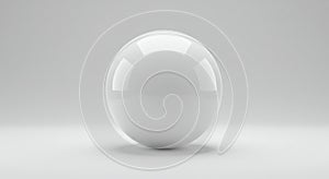 A smooth, glossy white sphere centered in a minimalist setting. It reflects light and its