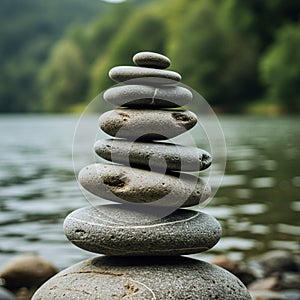 Smooth, gray stones are balanced in a stack beside a serene water body, with lush