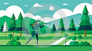 Smooth green fields and tall trees stand as the backdrop for this exciting biathlon where competitors must balance their