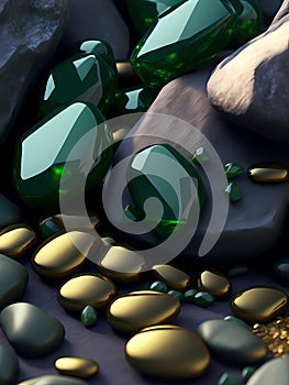 smooth green stones with some golden pebles