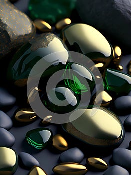 smooth green stones with some golden pebles