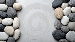 Smooth grey and white river stones in a zen pattern background