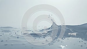 Smooth liquid surface with droplets, reflective texture on light gray background. Clean water splash with motion. Freshness and