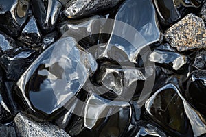 Smooth obsidian stone texture, jet black with sharp reflections and glossy highlights, bold and