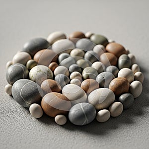 Smooth, oval stones arranged in a circular pattern on a textured surface