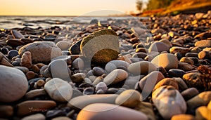 Smooth pebble stack on water edge, tranquil summer generated by AI