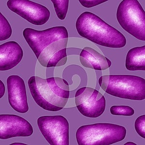 Smooth pebble stones on violet background. Abstract seamless pattern