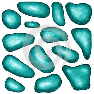 Smooth pebble turquoise stones on white background. Abstract seamless pattern