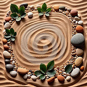 Smooth pebbles and sprigs of greenery arranged artistically on raked sand, creating a tranquil Zen garden pattern. photo