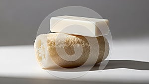 A smooth rectangular bar of white soap rests on a cylindrical natural