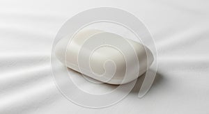 A smooth, rectangular bar of white soap with rounded edges rests on a white fabric