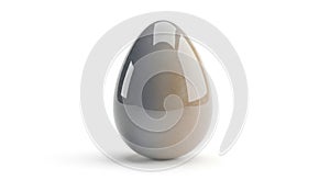 A smooth, reflective, egg-shaped object with a glossy surface stands against a white background.