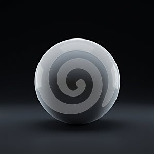 A smooth, reflective gray sphere centered on a dark background. The surface of the