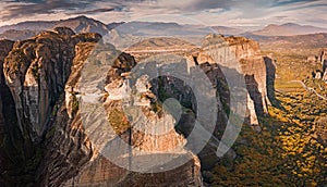 Smooth rocks and cliffs in the famous Greek meteora place. View of the natural wonder at sunrise. Travel attractions and