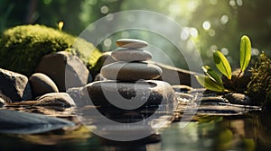 smooth rocks stacked on top of each other in stream leading to a waterfall in a forest