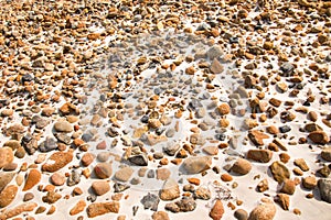 Smooth round pebble stones on the sand beach backgound