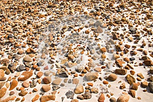 Smooth round pebble stones on the sand beach backgound