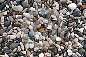 Smooth round wet pebbles texture background. Pebble sea beach close-up.