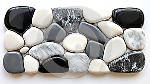 Smooth Rounded Black Gray And White Pebbles, A Detailed Texture Photograph On A White Background
