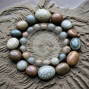 Smooth, rounded pebbles in shades of gray, brown, and green form a circle on